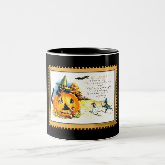 Halloween Kitty Sitting in Jack O Lantern Two-Tone Coffee Mug (Center)