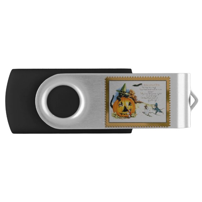 Halloween Kitty Sitting in Jack O Lantern USB Flash Drive (Front)