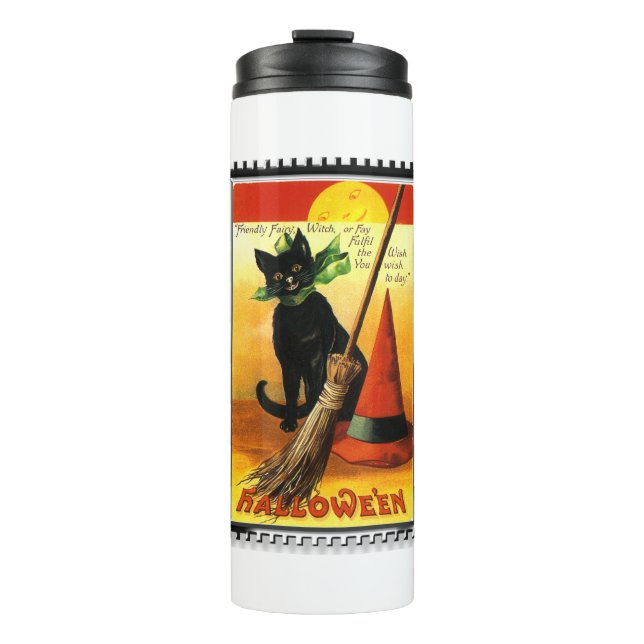 Halloween Kitty Sitting Witches Hat Thermal Tumbler (Front)