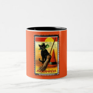 Halloween Kitty Sitting Witches Hat Two-Tone Coffee Mug