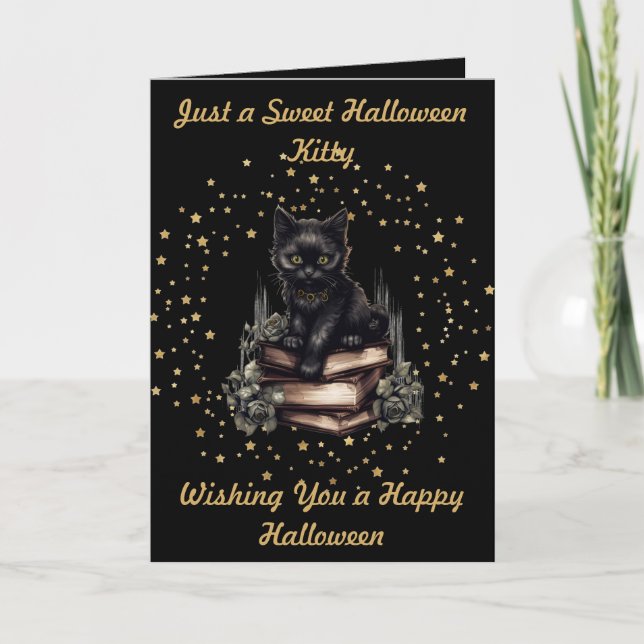Halloween Kitty with Faux Gold Stars & Books Card (Front)