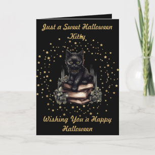 Halloween Kitty with Faux Gold Stars & Books Card