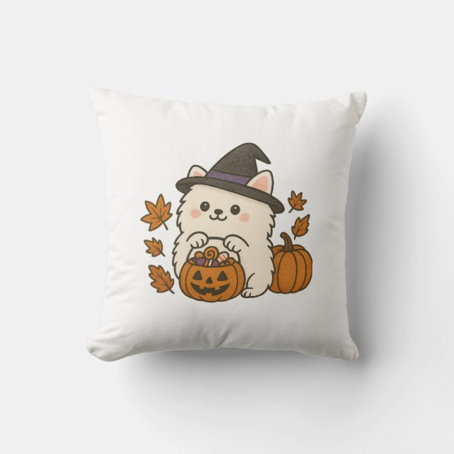Halloween Kussen — Pomeranian with Heksenhoed Cushion (Front)