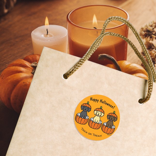 Halloween Labrador Puppies and Pumpkins Classic Round Sticker (Happy Halloween Labrador Puppies and Pumpkins Stickers for Labrador Owners.  Cute Cartoon Design.)