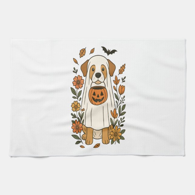 Halloween Labrador Retriever Flowers Tea Towel (Horizontal)