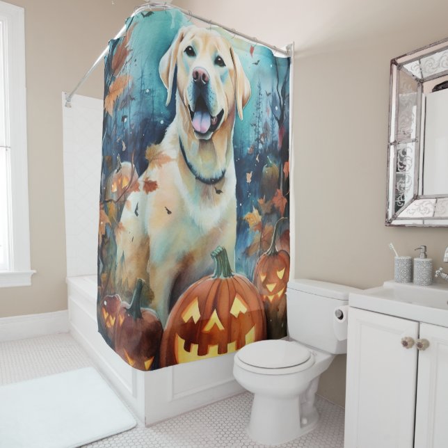 Halloween Labrador With Pumpkins Scary Shower Curtain (In Situ)