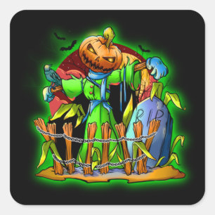 Halloween Lady Scarecrow Pumpkin Head RIP Bats Square Sticker