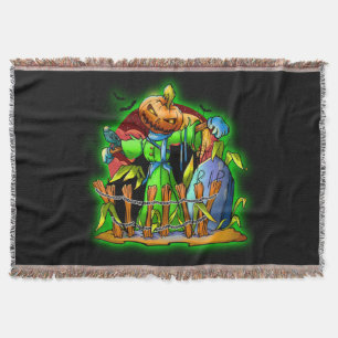 Halloween Lady Scarecrow Pumpkin Head RIP Bats Throw Blanket