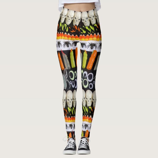 Halloween Leggings - Stripes of Skulls, Spiders (Front)