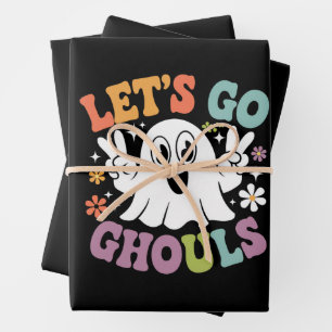 Halloween Let's Go Ghouls Ghost Retro Costume Wrapping Paper Sheet