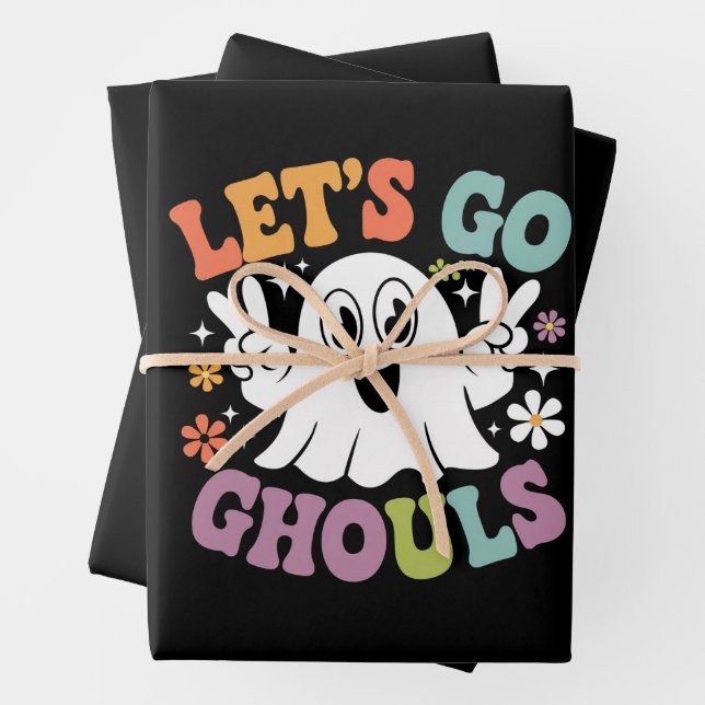Halloween Let's Go Ghouls Ghost Retro Costume Wrapping Paper Sheet (In situ)