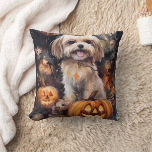 Halloween Lhasa Apso With Pumpkins Scary  Cushion
