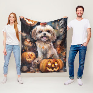 Halloween Lhasa Apso With Pumpkins Scary  Fleece Blanket