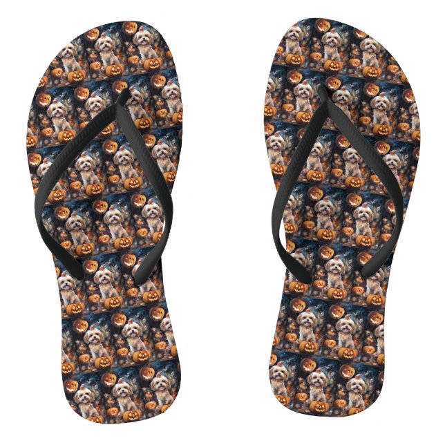 Halloween Lhasa Apso With Pumpkins Scary  Flip Flops (Footbed)