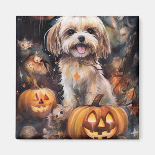 Halloween Lhasa Apso With Pumpkins Scary  Magnet