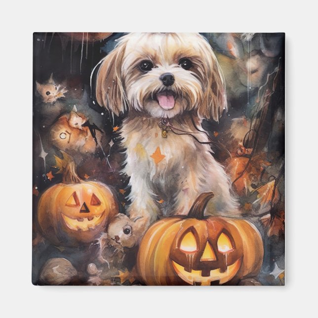 Halloween Lhasa Apso With Pumpkins Scary  Magnet (Front)
