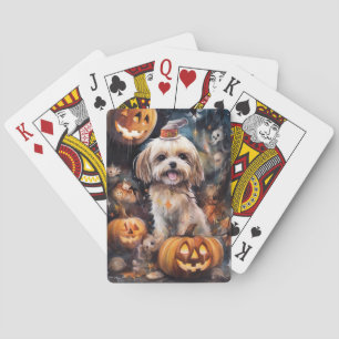 Halloween Lhasa Apso With Pumpkins Scary  Playing Cards