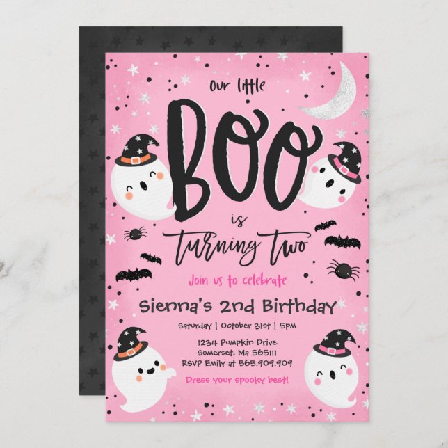 Halloween Little Boo Pink Ghost 2nd Birthday Party Invitation (Front/Back)