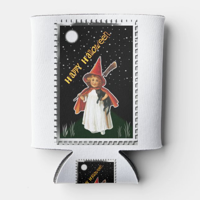 Halloween - Little Girl with Broom and Black Cat Can Cooler (Front)
