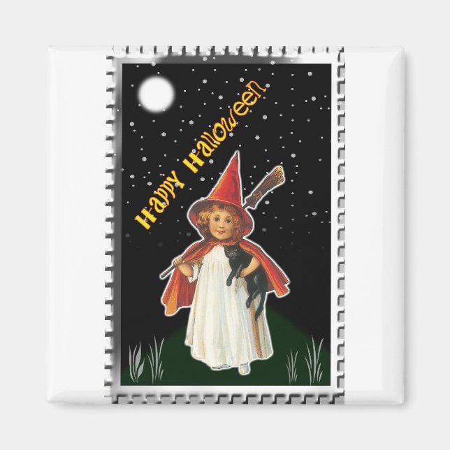 Halloween - Little Girl with Broom and Black Cat Magnet (Front)