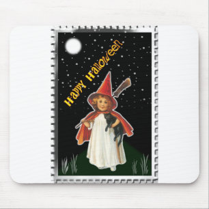 Halloween - Little Girl with Broom and Black Cat Mouse Mat