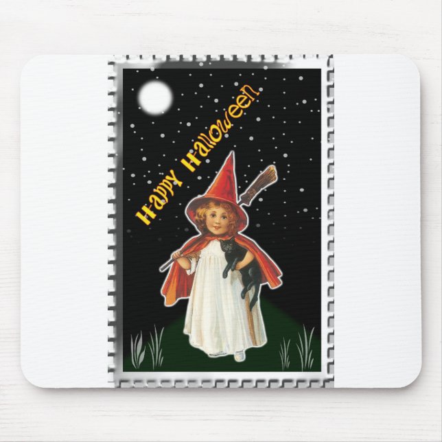 Halloween - Little Girl with Broom and Black Cat Mouse Mat (Front)