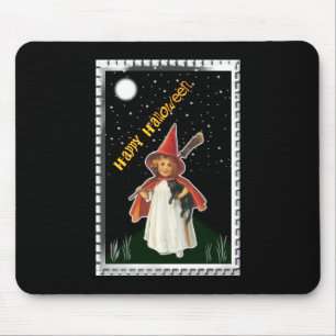 Halloween - Little Girl with Broom and Black Cat Mouse Mat