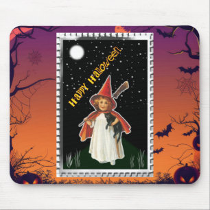 Halloween - Little Girl with Broom and Black Cat Mouse Mat