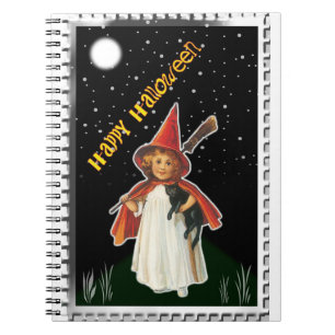 Halloween - Little Girl with Broom and Black Cat Notebook