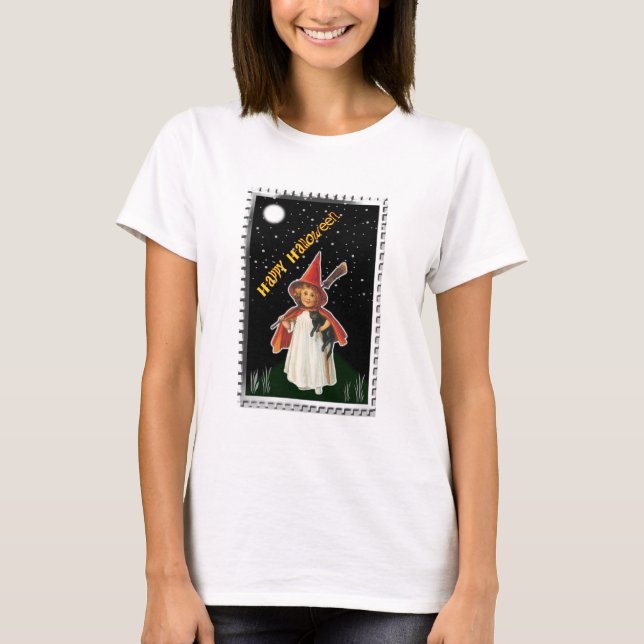 Halloween - Little Girl with Broom and Black Cat T-Shirt (Front)