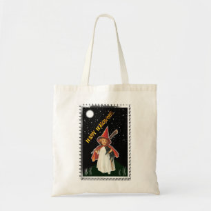 Halloween - Little Girl with Broom and Black Cat Tote Bag
