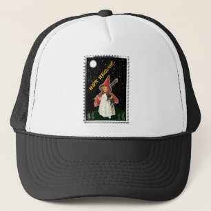 Halloween - Little Girl with Broom and Black Cat Trucker Hat