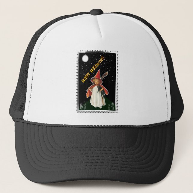 Halloween - Little Girl with Broom and Black Cat Trucker Hat (Front)