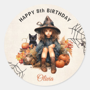 Halloween Little Witch Birthday Round Sticker