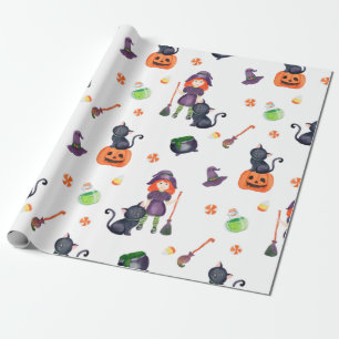Halloween Little Witch, Black Cat and Pumpkin Cute Wrapping Paper