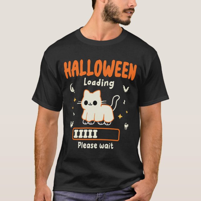 Halloween Loading Please Wait Funny black Cat  T-Shirt (Front)