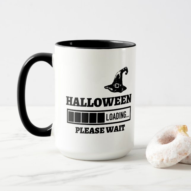 Halloween loading please wait text black and white mug (With Donut)