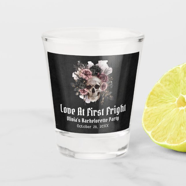 Halloween Love At First Fright Bachelorette Party Shot Glass (Front)