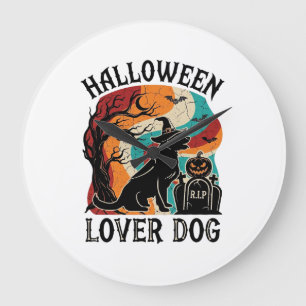Halloween Lover Dog Witch Hat Pumpkin Tombstone_1 Large Clock