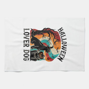 Halloween Lover Dog Witch Hat Pumpkin Tombstone_1 Tea Towel
