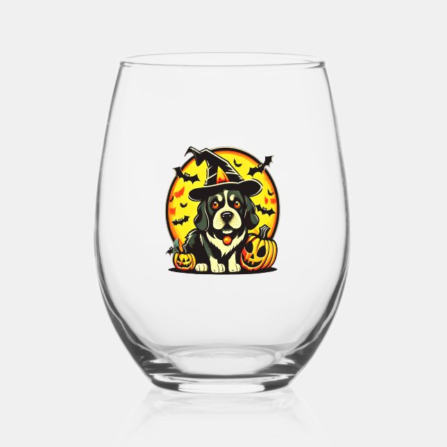 Halloween Lowchen dog Stemless Wine Glass (Front)