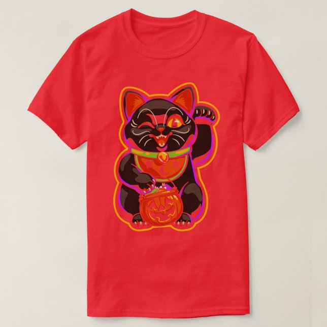Halloween Lucky Black Cat Maneki Neko T-Shirt (Design Front)