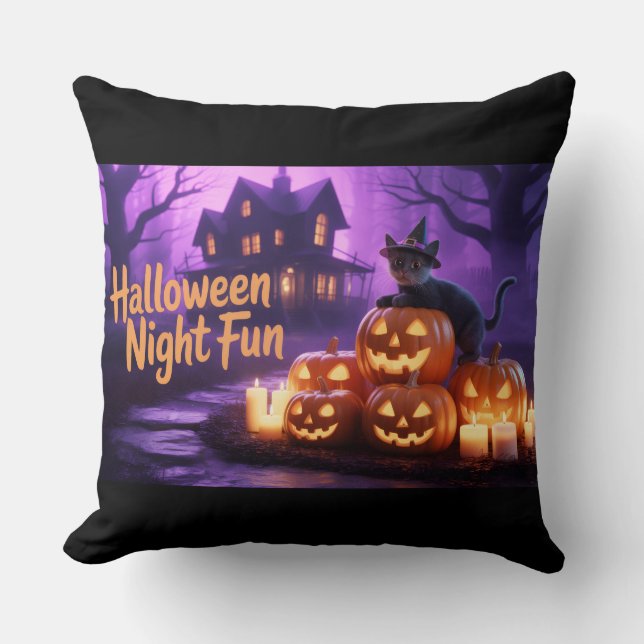 Halloween Magic–Adorable Cats & Flickering Pumpkin Cushion (Front)