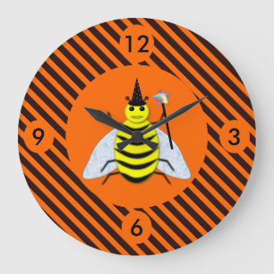 Halloween Magic Bee Orange and Black Stripes Large Clock