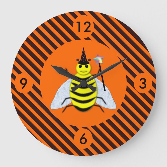 Halloween Magic Bee Orange and Black Stripes Large Clock (Front)