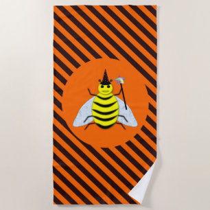 Halloween Magic Bee Witch orange and Black Stripes Beach Towel