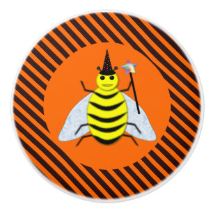 Halloween Magic Bee Witch Orange and Black Stripes Ceramic Knob