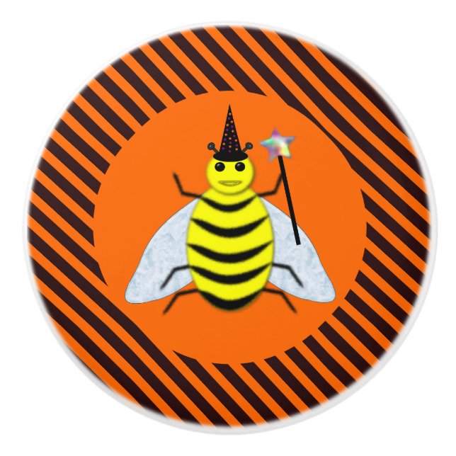 Halloween Magic Bee Witch Orange and Black Stripes Ceramic Knob (Front)