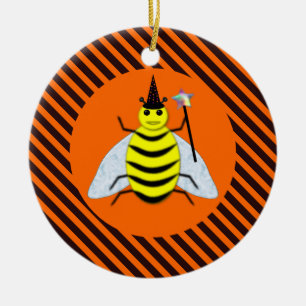 Halloween Magic Bee Witch Orange and Black Stripes Ceramic Tree Decoration