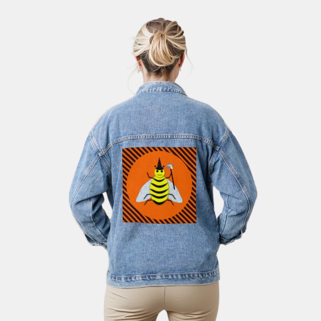 Halloween Magic Bee Witch Orange and Black Stripes Denim Jacket (Model)